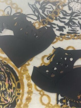 Soda Black Lace-Up Cutout Wedge Sandals